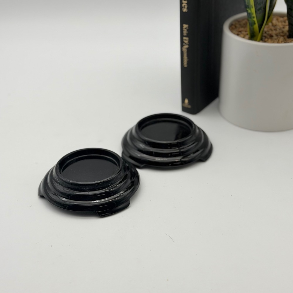 Vintage Black Glass Display Stand Plinth Art Deco Round Tiered Pedestal Set of 2